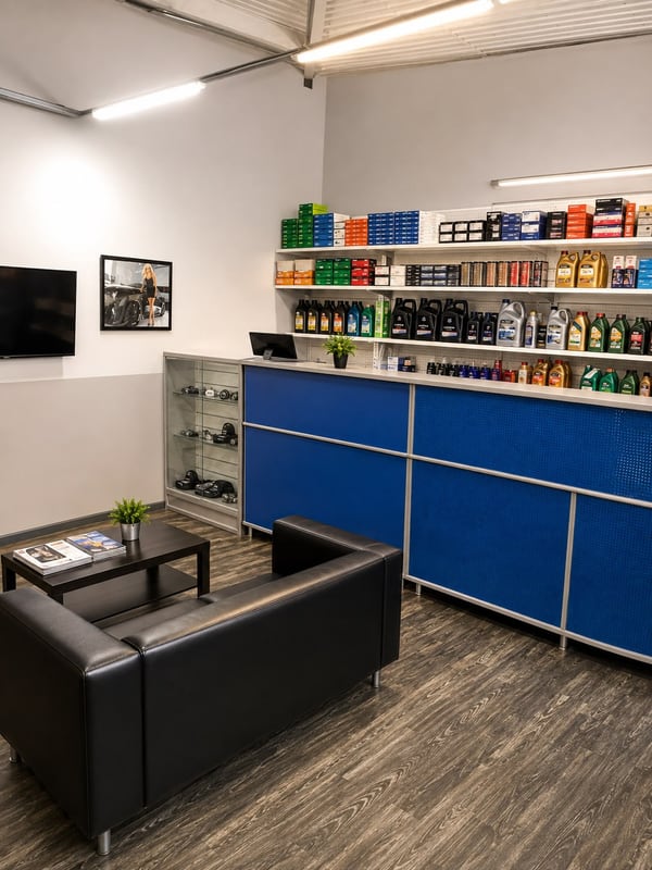 Зона приёмки «Автопилота»: стойка мастера, диван и столик для клиентов